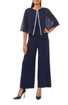 CHAUS SPLIT FRONT CAPE SLEEVE WIDE LEG JUMPSUIT