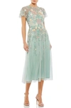 Mac Duggal Embellished Illusion High Neck Butterfly Sleeve Midi Dress In Seafoam Multi