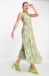 Asos Design Sleeveless V-neck Pleated Trapeze Maxi Dress In Green Floral Print-multi In Green
