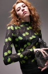 Topshop Printed High Neck Top In Green Multi In Mid Green