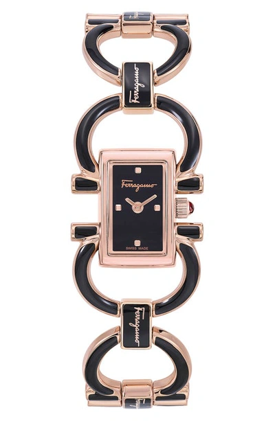 Ferragamo Double Gancini Mini Bracelet Watch With Black Enamel, Rose Gold In Rose Gold Black