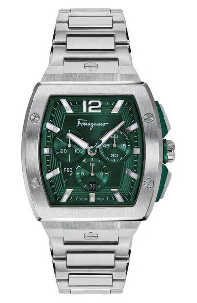 Ferragamo F-80 Tonneau Chrono Watch In Silver