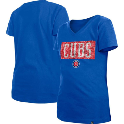 New Era Kids' Girls Youth  Royal Chicago Cubs Flip Sequin Team V-neck T-shirt