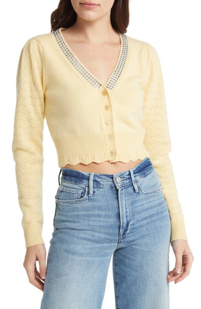 Loveshackfancy Brynner Cropped Crystal-embellished Pointelle-trimmed Wool And Cashmere-blend Cardigan In Yellow
