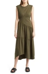 Frame Gathered Seam Organic Cotton A-line Midi Dress In Fatigue