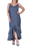 Standards & Practices Tiered Ruffle Chambray Maxi Dress In Indigo Rinse