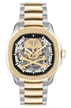 Philipp Plein Men's Automatic Skeleton Spectre Two-tone Stainless Steel Bracelet Watch 42mm In Ip Yellow Gold,stainless Steel