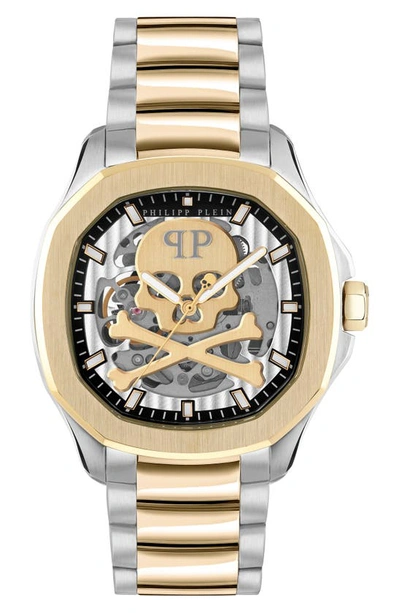 Philipp Plein Men's Automatic Skeleton Spectre Two-tone Stainless Steel Bracelet Watch 42mm In Gold/silver