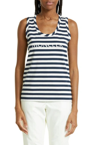 Moncler Stripe Logo Cotton Rib Tank Top In Multicolor