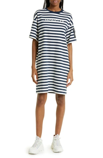 Moncler Blue Cotton Striped Logo T-shirt Dress In Navy Blue