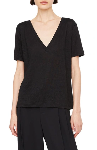 Vince Elbow-sleeve V-neck Linen T-shirt In Black