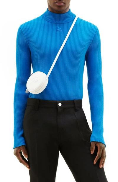 Courrèges Embroidered Logo Mock Neck Rib Sweater In Blue