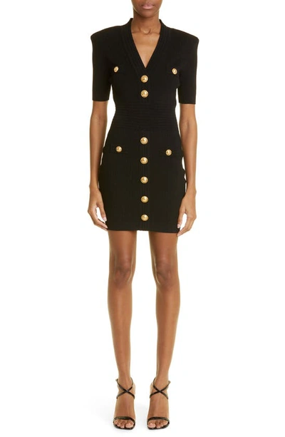 Balmain Button Embellished Rib Knit Minidress In Black