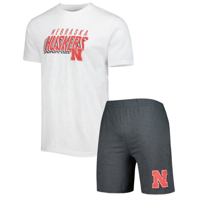 Concepts Sport Men's  Charcoal, White Nebraska Huskers Downfield T-shirt And Shorts Set In Charcoal,white