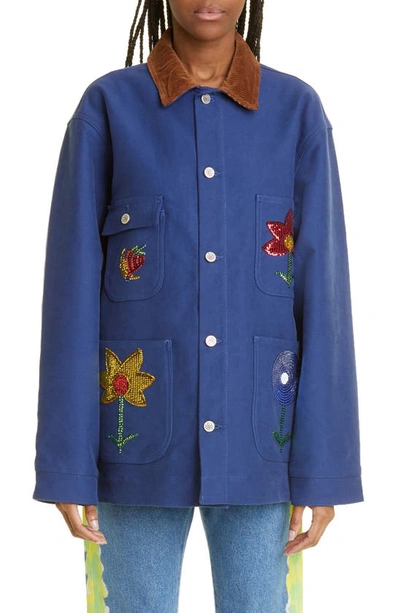 Sky High Farm Workwear Sequin Embroidered Flowers Workwear Denim Chore Coat In Blue