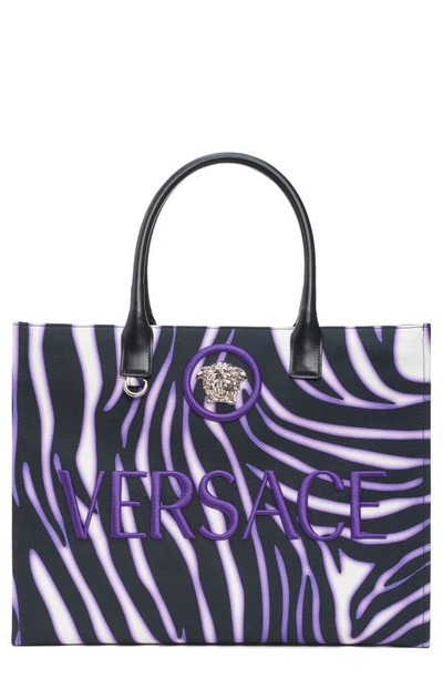 Versace La Medusa Zebra-print Box Tote Bag In White Dark Orchid Black-pall