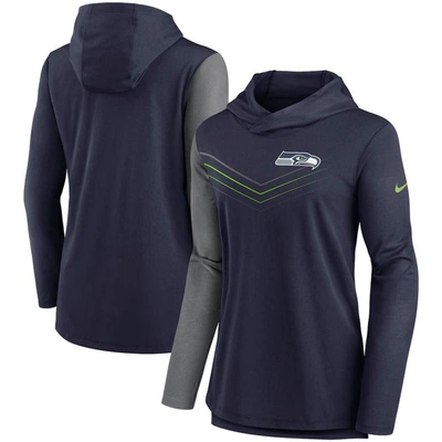 Nike Women's College Navy And Heathered Charcoal Seattle Seahawks Chevron Hoodie Performance Long Sleeve In Navy,heathered Charcoal