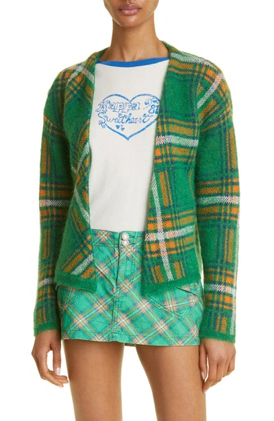 Erl Knit Plaid Check-pattern Cardigan In Green