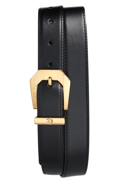 Versace Geometric Buckle Leather Belt In Nero E Oro