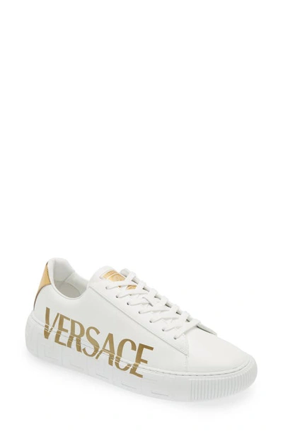 Versace La Greca Logo Low Top Sneaker In White/ Gold