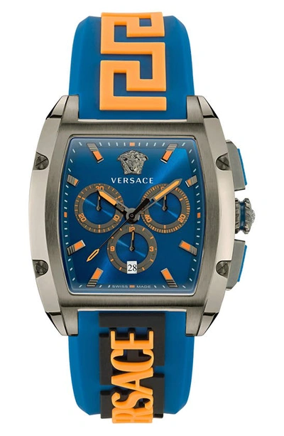 Versace Men's Swiss Chronograph Dominus Blue & Orange Silicone Strap Watch 42x50mm In Ip Gunmetal