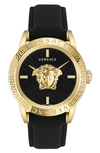 VERSACE V-CODE LEATHER STRAP WATCH, 43MM