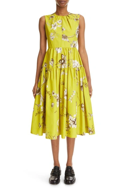 Erdem Floral Print Tiered Midi Dress In Chartreuse Ecru