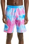Agr Scrunch Digital Tie Dye Shorts In Pink/blue
