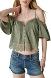 LUCKY BRAND EMBROIDERED LACE COLD SHOULDER TOP