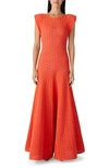 ST JOHN CAP SLEEVE EYELET KNIT FIT & FLARE GOWN