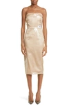 Dolce & Gabbana Ruched Vinyl Layered Bustier Midi Dress In Beige