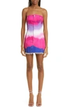 Area Strapless Crystal-embellished Tie-dyed Denim Mini Dress In Pink Multi