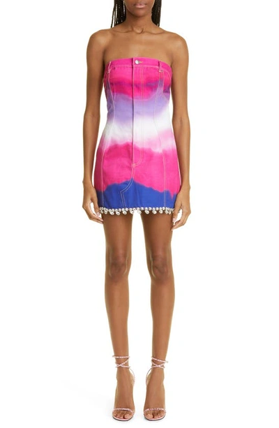 Area Strapless Crystal-embellished Tie-dyed Denim Mini Dress In Bright Pink