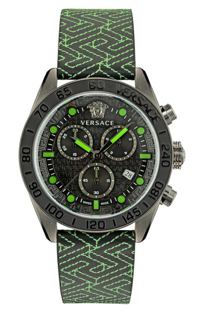 Versace Men's Greca Dome Chrono 43mm Ip Gunmetal Tone Stainless Steel & Leather Strap Watch In Gunmetal Green