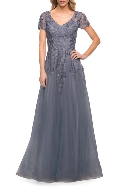 LA FEMME EMBROIDERED TULLE A-LINE GOWN
