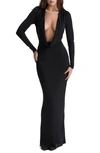 House Of Cb Saskia Plunge Long Sleeve Jersey Gown In Black