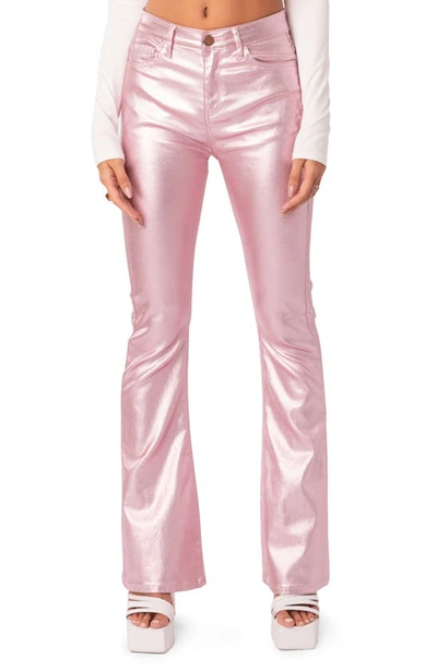 Edikted Luna Faux Leather Flare Leg Trousers In Metallic Pink