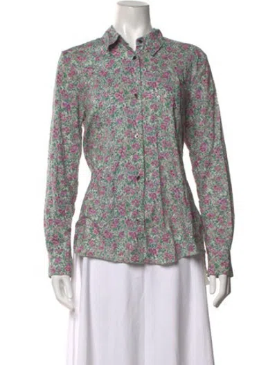 Pre-owned 6397 Floral Print Long Sleeve Button-up Top In Green