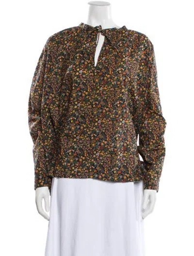 Pre-owned 6397 Floral Print Tie Neck Blouse In Neutral