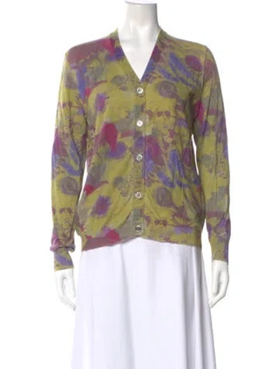 Pre-owned 6397 Floral Print V-neck Sweater In Green