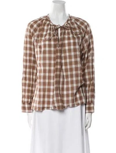 Pre-owned 6397 Plaid Print Crew Neck Button-up Top In Brown