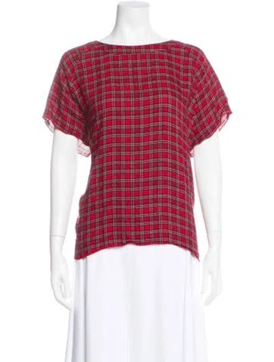 Pre-owned 6397 Plaid Print Crew Neck Top In Red