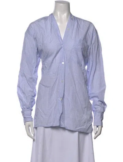 Pre-owned 6397 Plaid Print V-neck Button-up Top In Purple