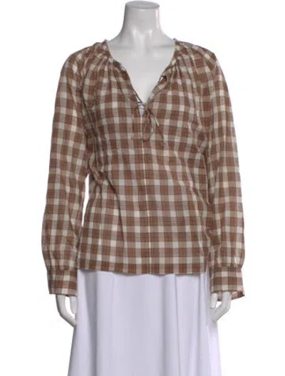 Pre-owned 6397 Plaid Print V-neck Top In Brown