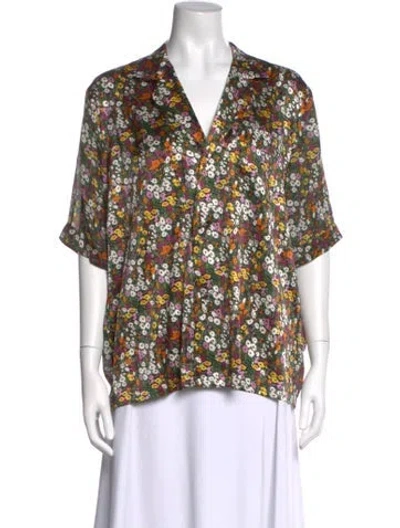 Pre-owned 6397 Silk Floral Print Top In Green
