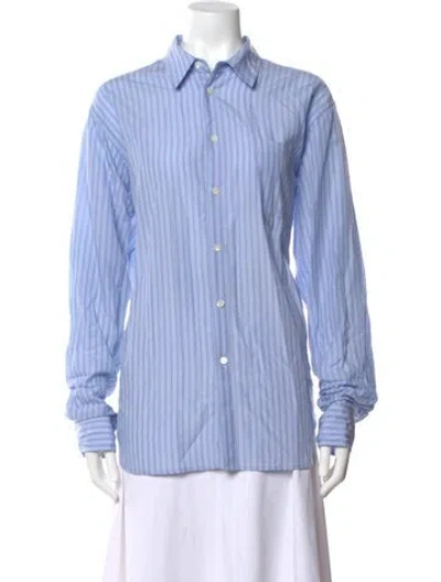 Pre-owned 6397 Striped Long Sleeve Button-up Top In Blue