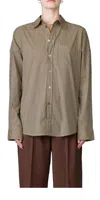 6397 Uniform Button Down Top In Tan/grey Stripe In Brown
