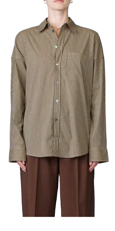 6397 UNIFORM BUTTON DOWN TOP IN TAN/GREY STRIPE