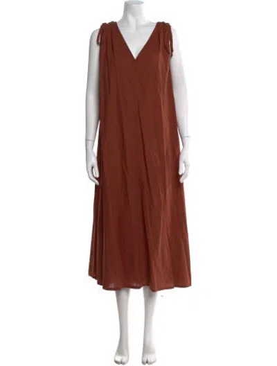 Pre-owned 6397 V-neck Midi Length Dress In Brown