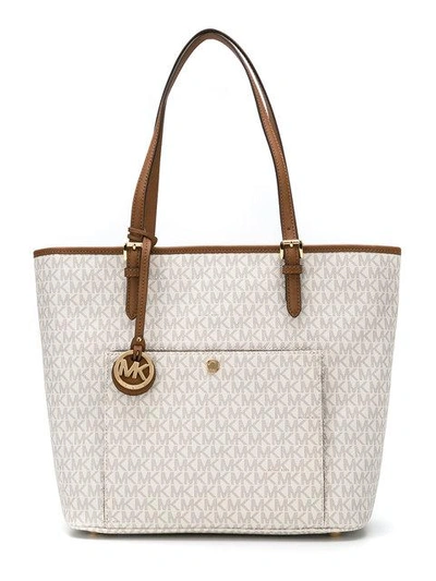 Michael Michael Kors Jet Set Medium Top Zip Snap Pocket Tote In Neutrals